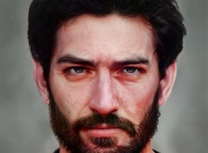 手绘头像插画：一位戴眼镜的中年男性编辑坐在书桌前认真校对稿件，暖色台灯照亮桌面